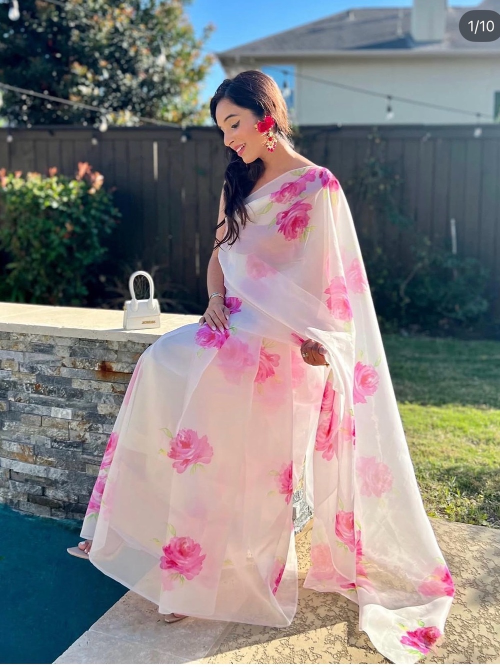 Elegant White Floral Saree with Pink Rose Print